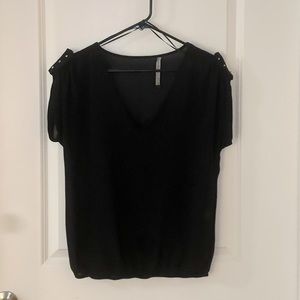Zara black blouse with cinched bottom hem, semi-sheer, size small